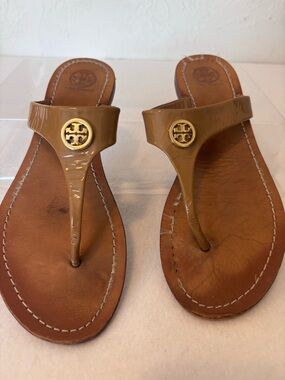 Tory Burch Miller Sandals Tan Leather Logo Thong Flip Flop 8/8.5